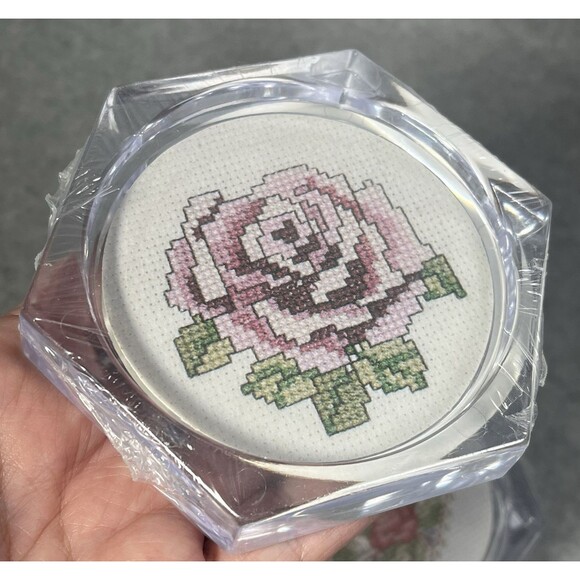 Vtg Acrylic Coasters MCG Textiles Cross Stitch Kit Butterfly Heart Rose Lot Of 4 - Picture 7 of 15
